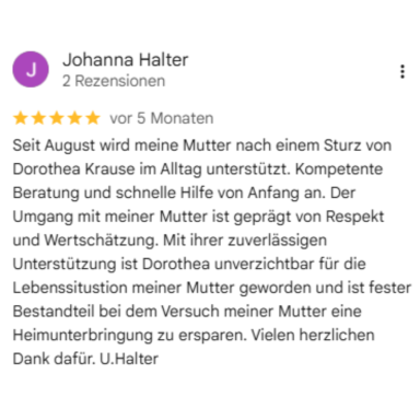 5 Sterne Bewertung zur Betreuung von Senioren im eigenen Zuhause in Neuss