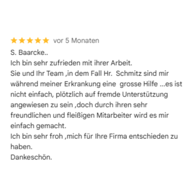 Google Bewertung zur Seniorenbetreuung in Neuss mit 5 Sternen