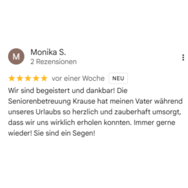 Google Bewertung zur Seniorenbetreuung Familie Krause mit positiver Erfahrung