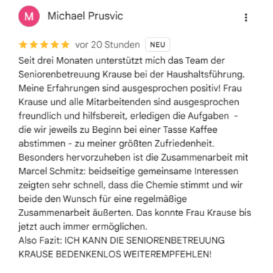 Google Rezension zur Betreuung und Unterstützung im Alltag in Neuss